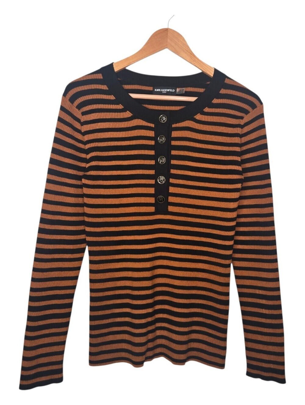 Karl Lagerfeld Womens Striped Ribbed Knit Henley Sweater Size Medium
